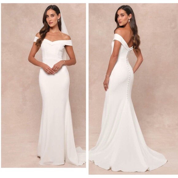 Lulus Arienne White Off-the-Shoulder Mermaid Maxi Dress Size XS Wedding Bridal - Picture 1 of 9